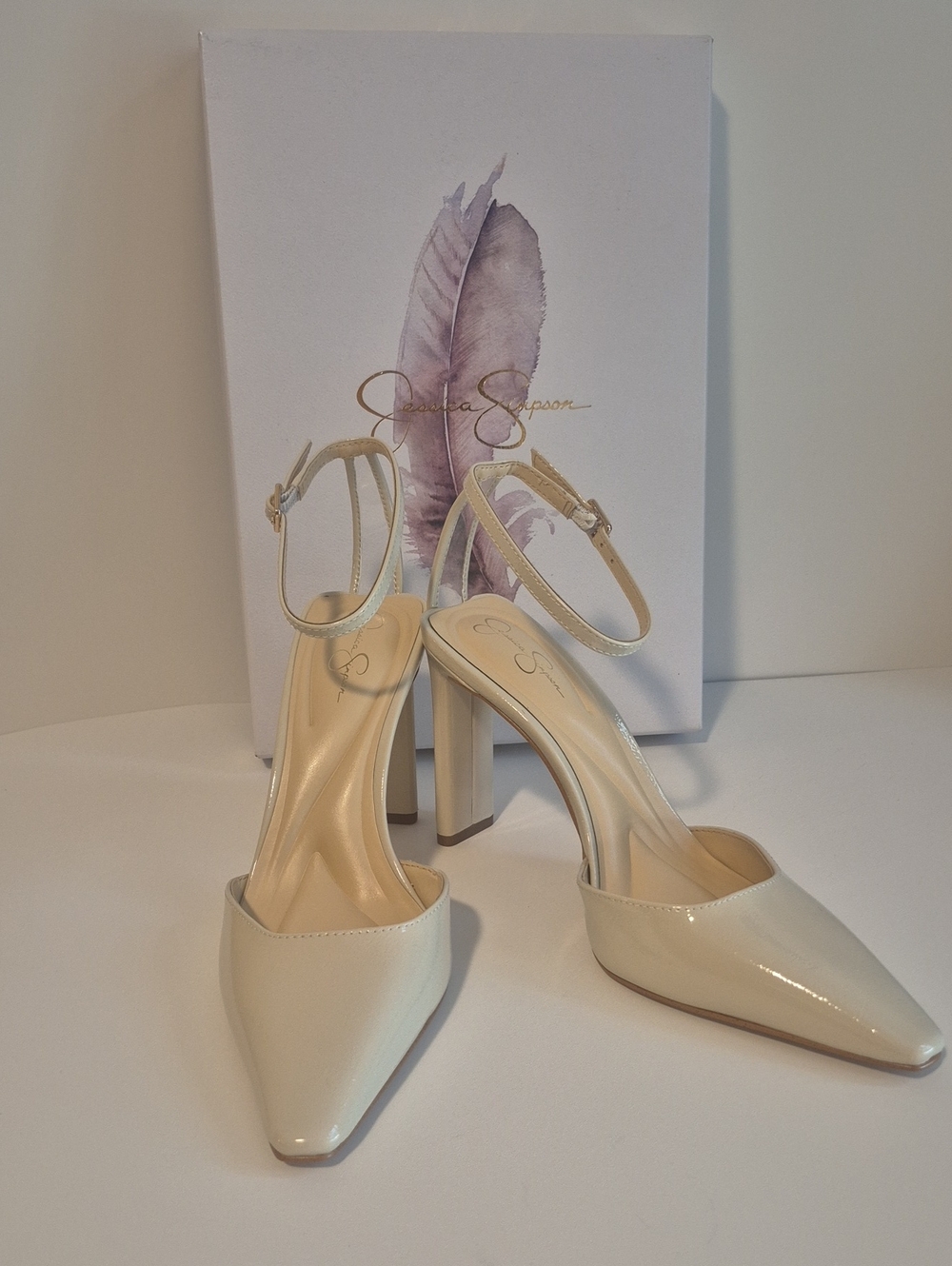 Jessica Simpson Ivory Patent Leather Pointed-Toe Slingback Heels